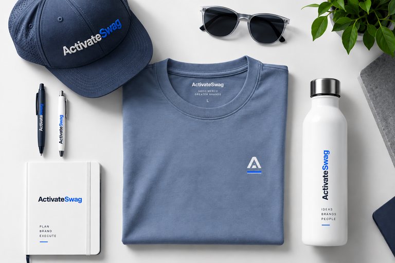 Activate Swag light flat-lay with a blue tee, navy cap, white bottle and notebook